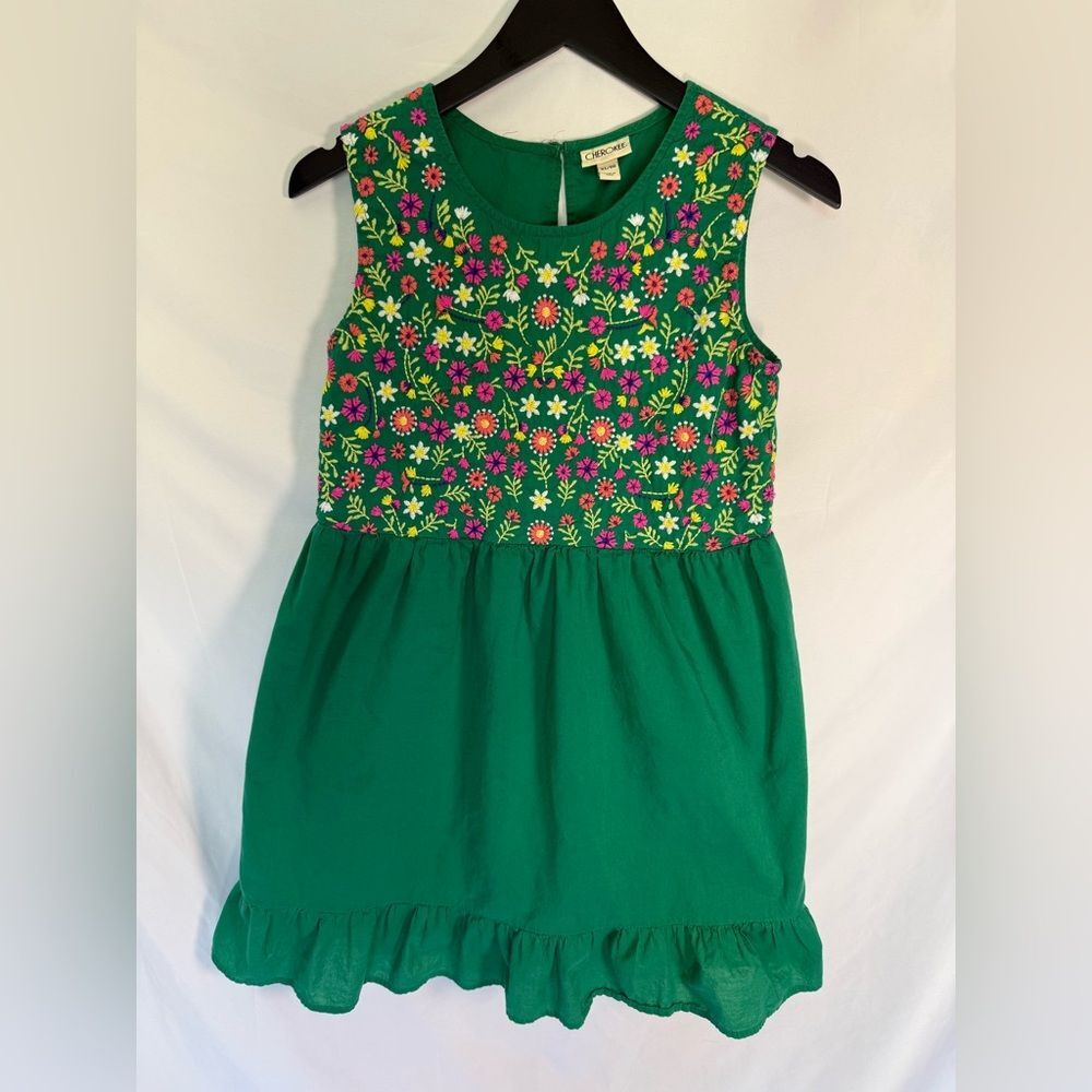 Cherokee 100% Cotton Green Sleeveless Dress with Pink & Yellow Floral Embroidery